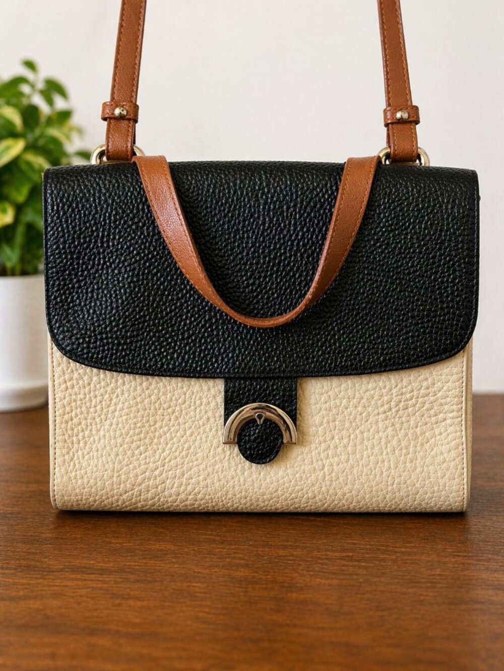 Colorblock Leather Crossbody Bag | Black Cream Tan | Structured | Multiple Compa
